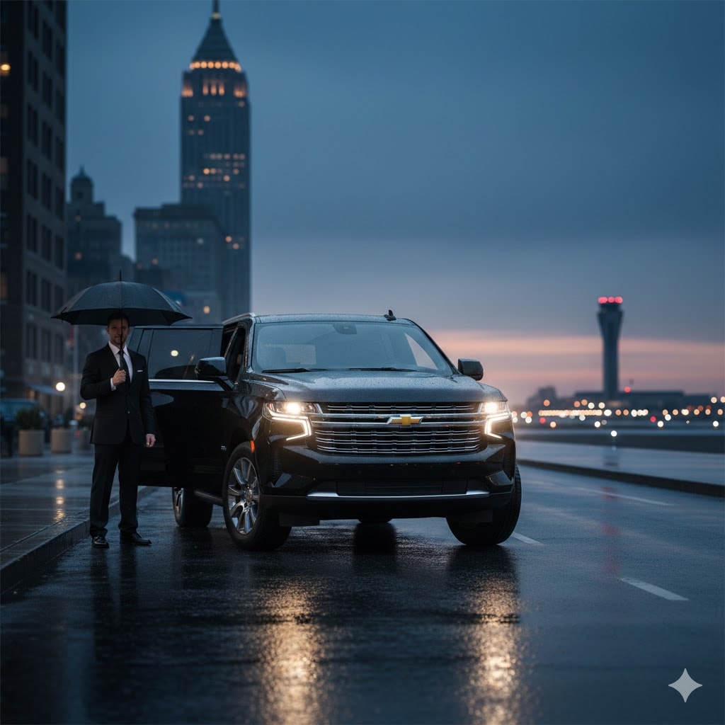 Professional chauffeur with luxury black SUV